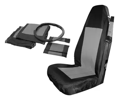 Crown Automotive Jeep Replacement 2003-2006 Wrangler TJ Black & Gray - Includes: 2 Front Black/Gray Polycanvas Seat Covers 2 Seat Belt Pads and a Steering Wheel Cover