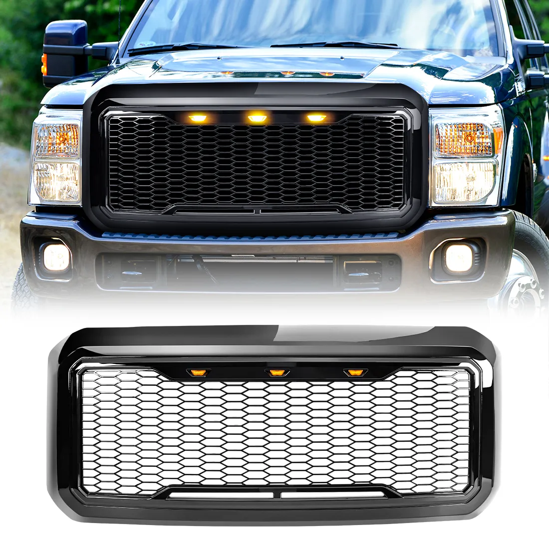 Raptor Style Mesh Grille W/ Amber Lights - Glossy Black For 2011-2016 Ford F250/ 350/ 450/ 550 Super Duty | In Stock On Apr 30 product image
