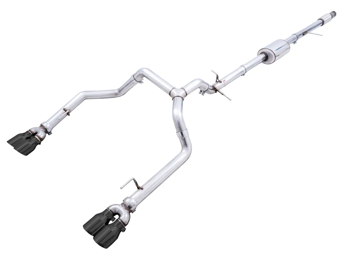 AWE 0FG Catback Split Rear Exit Exhaust for 4th Gen Silverado/Sierra 1500 5.3L (With Bumper Cutouts) - Quad Chrome Silver Tips product image