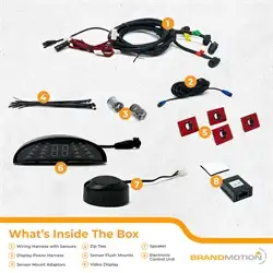Brandmotion Switchable Front/Rear 4 Sensor Parking System; Paintable Sensors;15ft Sensor 16ft Display Harness; Angled Mounts/Insulators For Increased Compatibility; Number/Color Code Display;