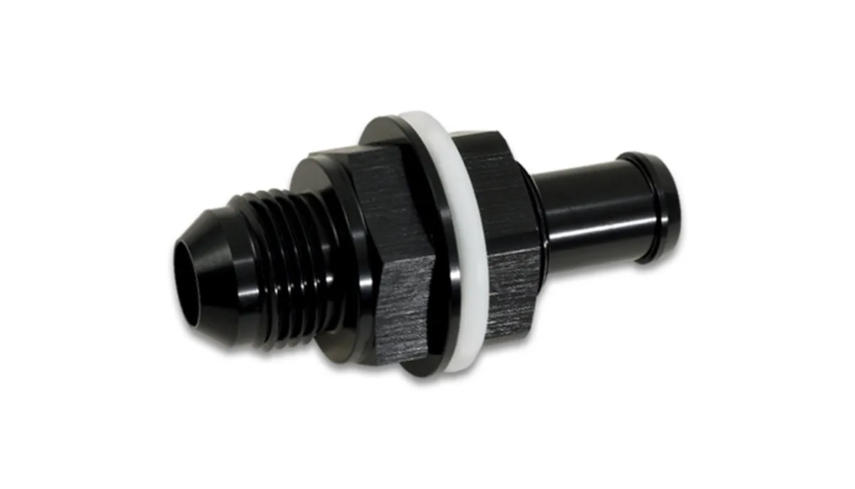 Fuel Cell Bulkhead Adapter Fitting; -6AN; 0.3125 in. Barb Size; 6061 Aluminum; Black Anodized; product image