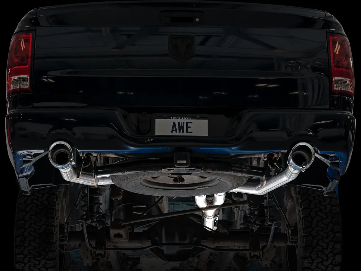 AWE 0FG Dual Rear Exit Catback Exhaust for 4th Gen RAM 1500 5.7L with bumper cutouts - Chrome Silver Tips product image