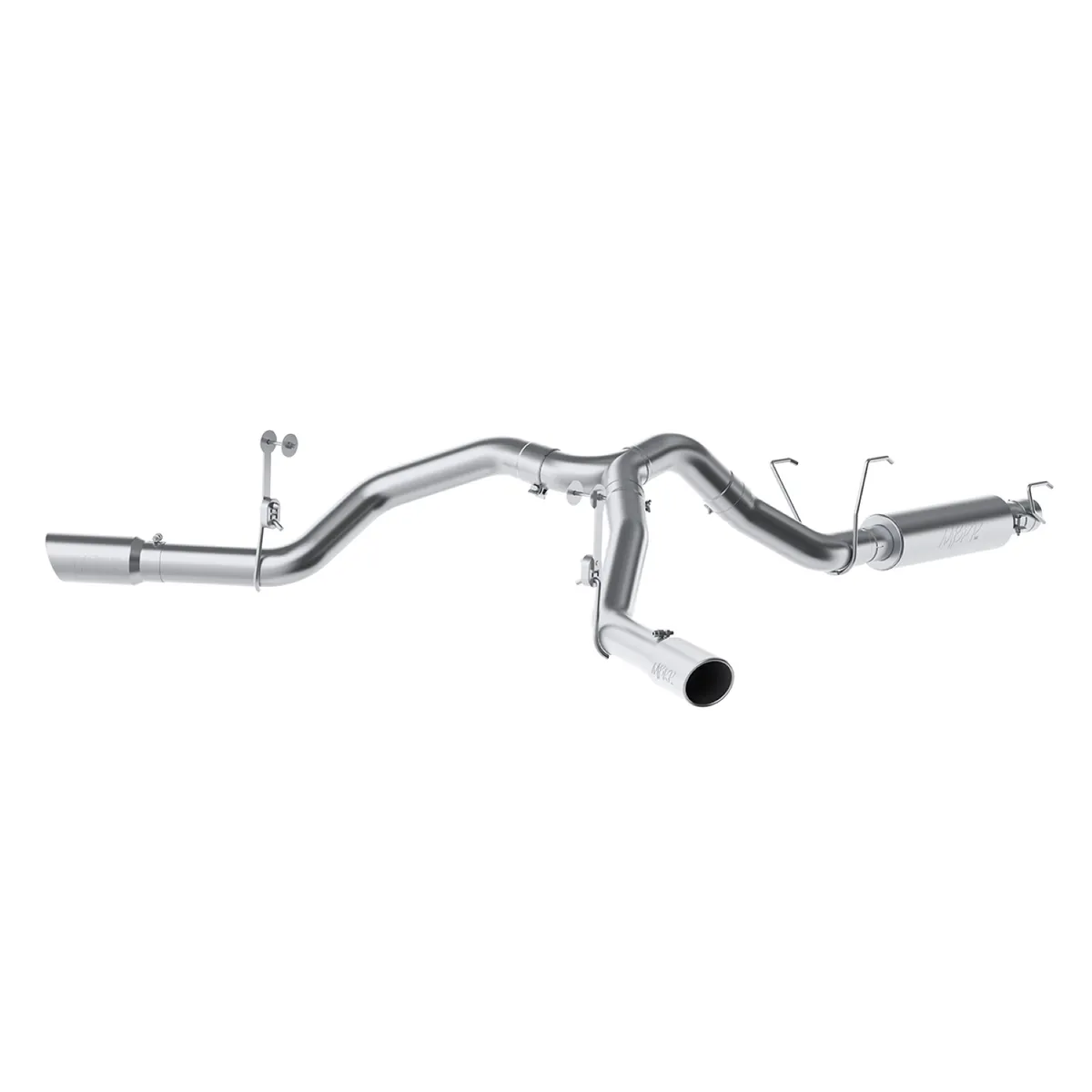 Armor Plus Cat Back Exhaust System; 4 in.; Incl. Ext. Pipe/Muffler/Over Axle Pipe/Y-Pipe/Tailpipes/Hardware/5 in. OD Tips; Dual Split Side Exit; T409 Stainless Steel; product image