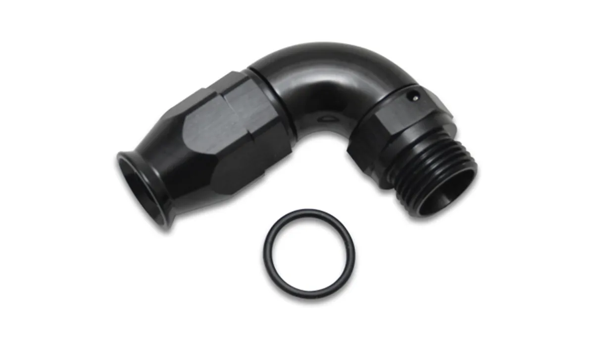 90 Degree Swivel Hose End Fitting; -6AN Hose To 8AN Male ORB; 6061 Aluminum; Black Anodized; High Flow; product image