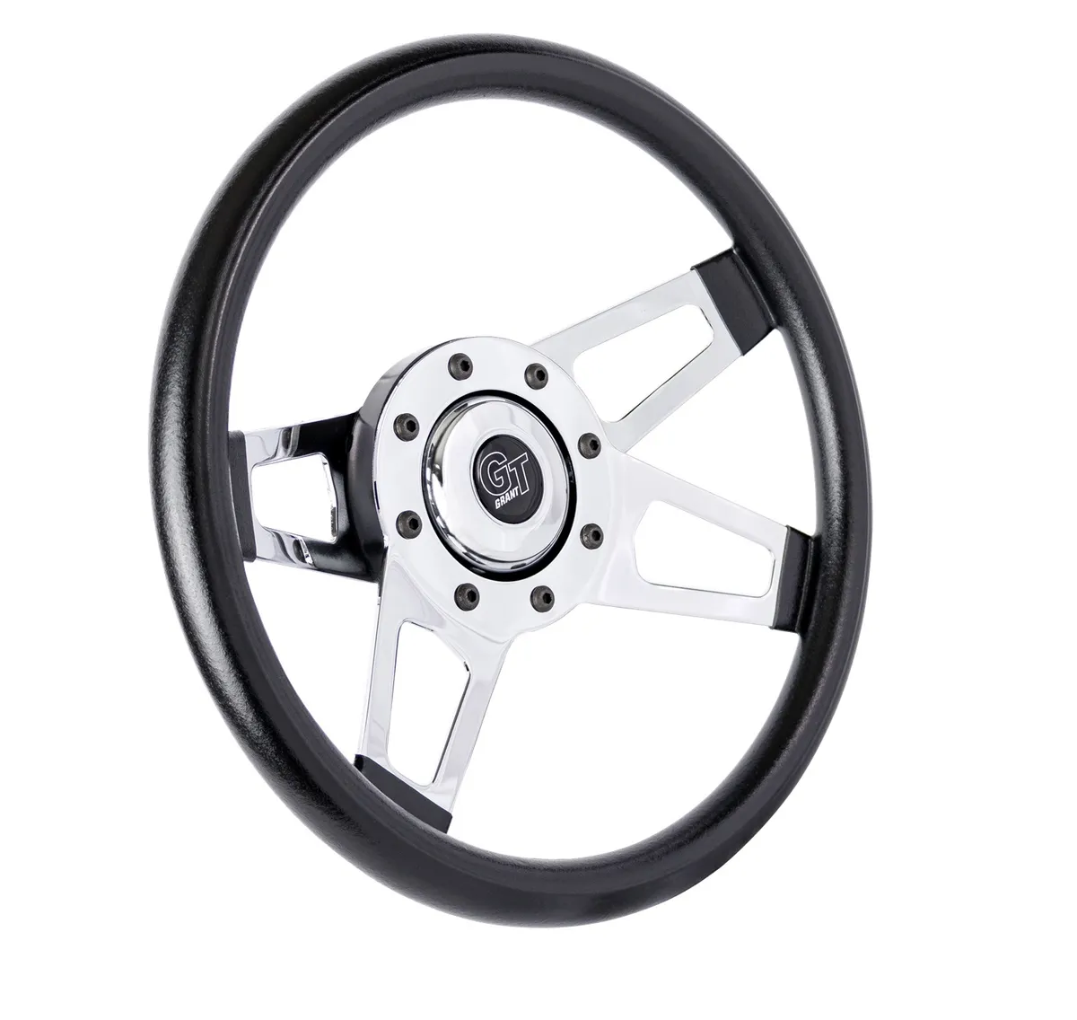 Challenger Steering Wheel; 13 1/2 in. Diameter; 3 in. Dish; Black Cushion Grip; Brilliant Chrome Dual Plane Spokes; product image