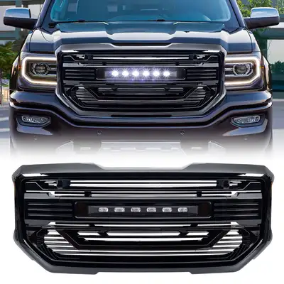 AMERICAN MODIFIED Armor Grille W/ Off-Road Lights & Outer Frame Surround - Glossy Black For 2016-2018 GMC Sierra 1500