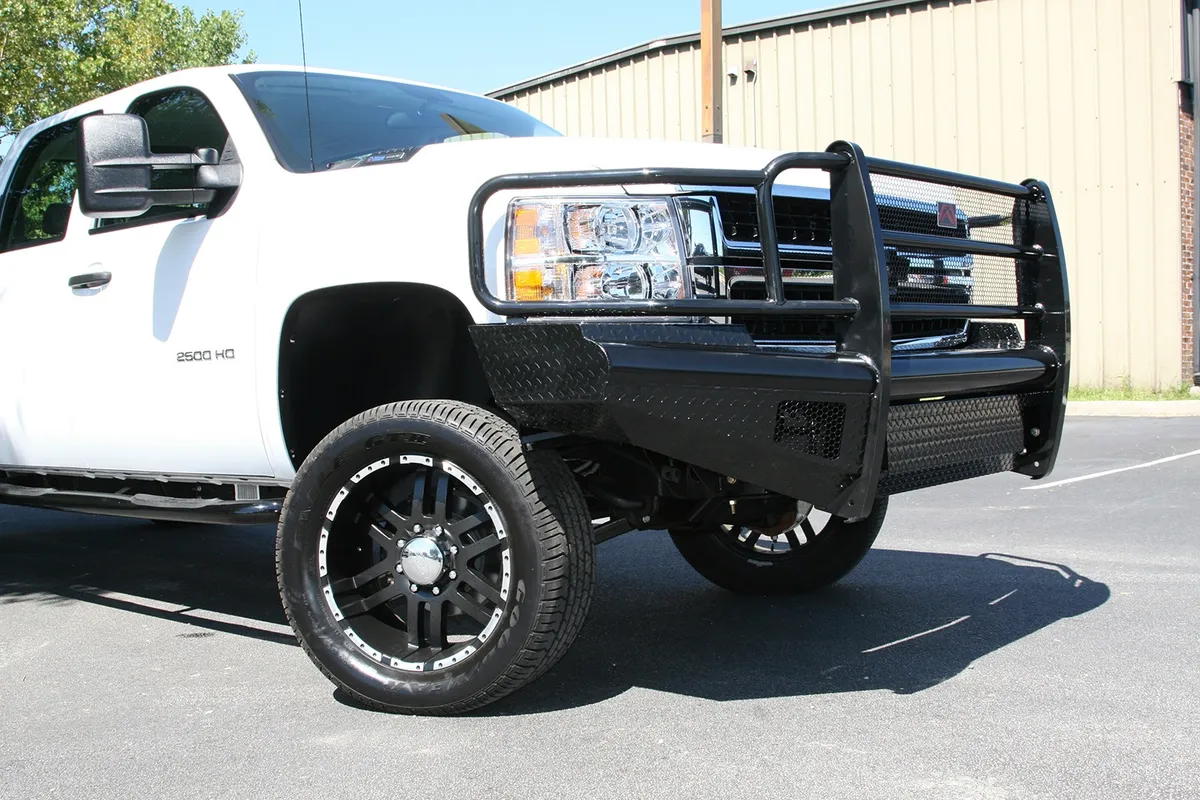Black Steel Front Ranch Bumper; 2 Stage Black Powder Coated; w/Full Grill Guard; Incl. Light Cut-Outs; product image