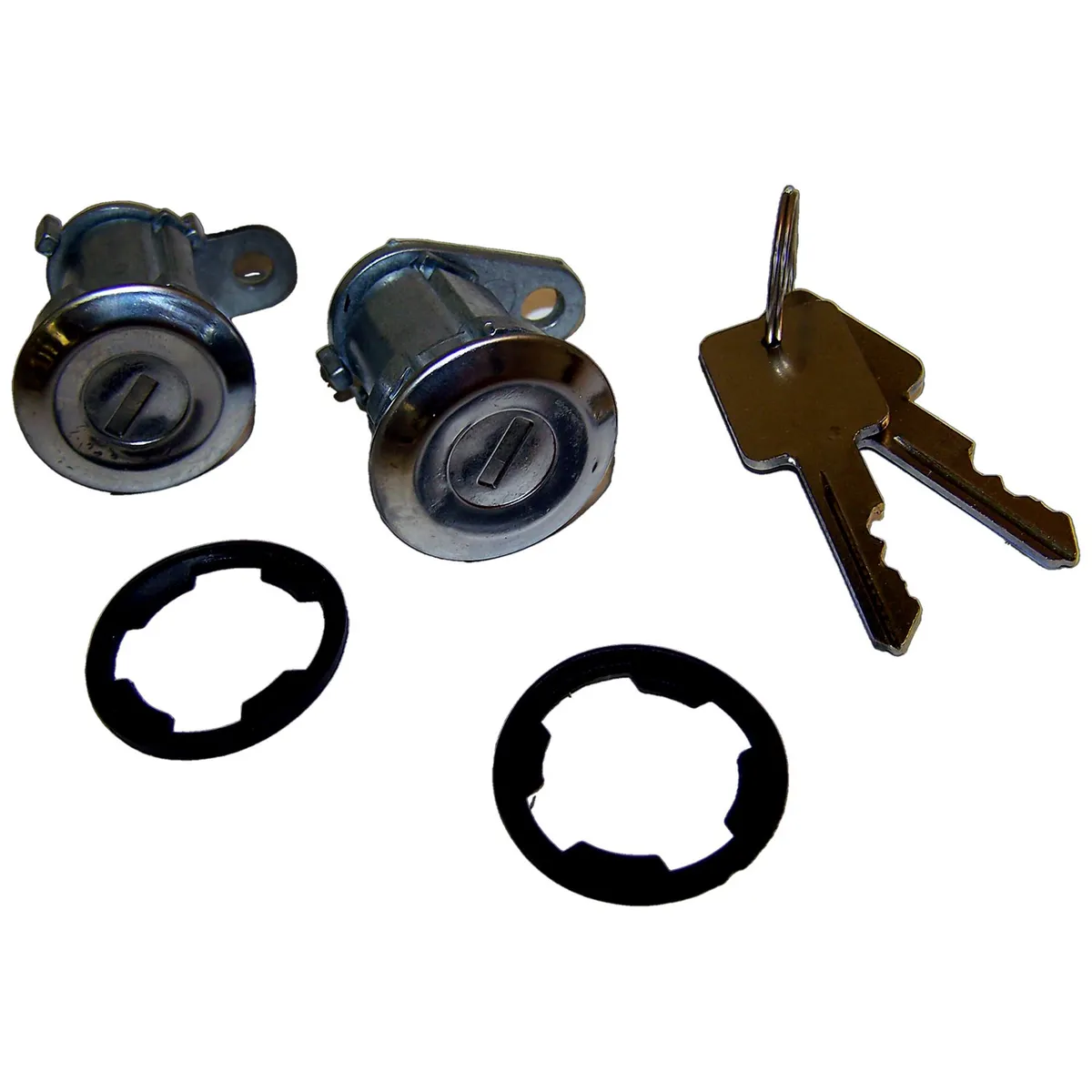 1984-1990 Cherokee XJ Chrome; Includes 2 cylinders and keys 1976-1983 CJ-5 CJ Includes 2 cylinders and keys 1976-1984 CJ-7 CJ Includes 2 cylinders and keys 1981-1984 CJ-8 CJ Includes 2 cylinders and keys 1987-1990 Wrangler YJ w/ Full Doors; Chrome; In product image