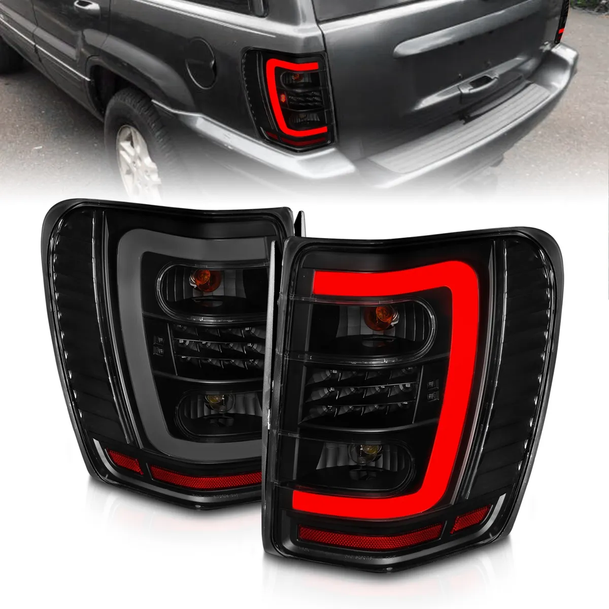 LED Tail Lights w Light Bar Black Housing Smoke Lens Jeep Grand Cherokee 1999-2004 product image