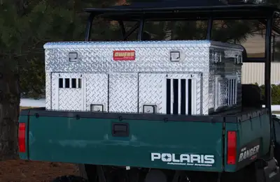 Owens Products Dog Box Hunter Series Double Compartment with Top Storage / UTV / 45 W x 35 D x 29 H / Standard Vents with Rear Vents / Diamond Tread Aluminum / Owens Products