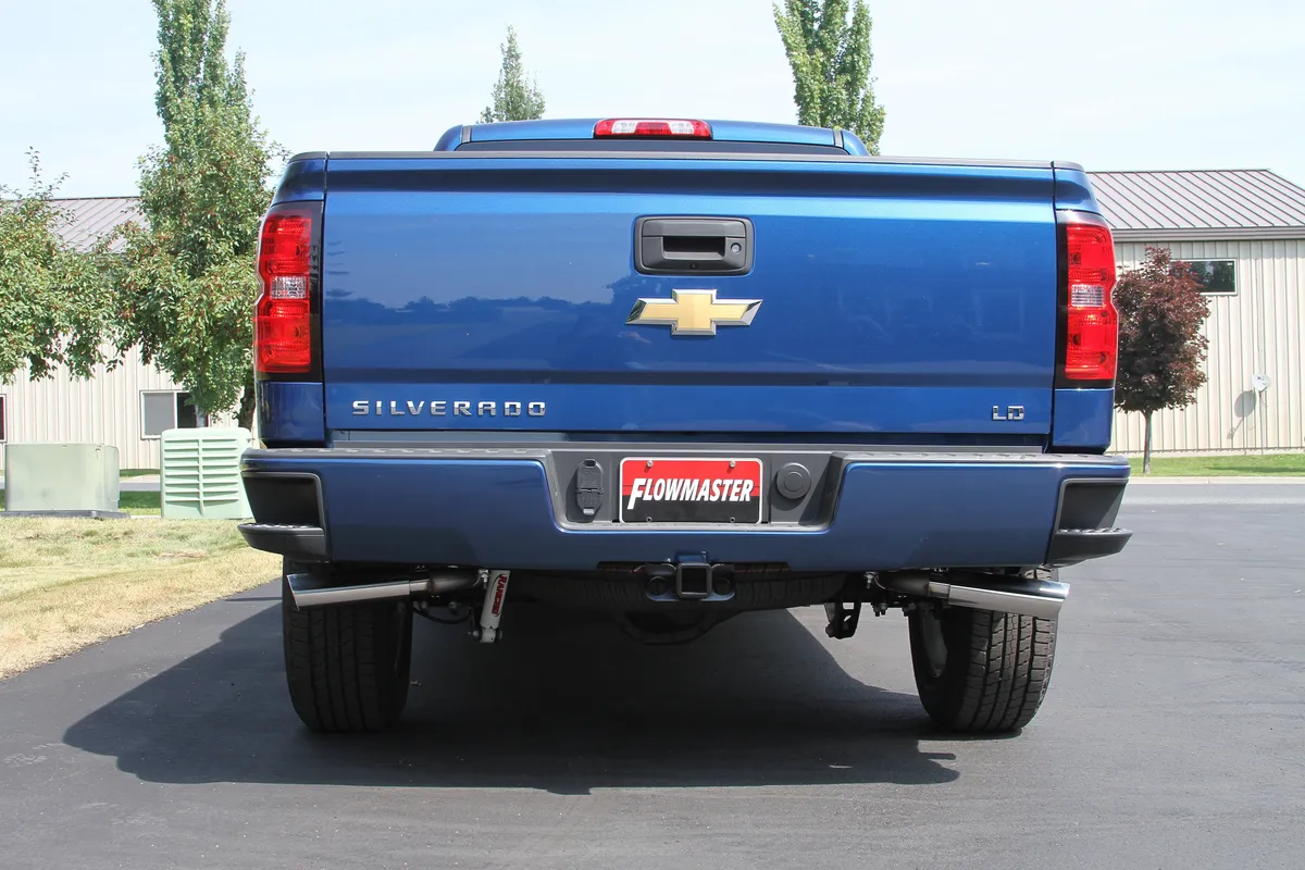 2014 GM Silverado/Sierra 1500 1/2 Ton 5.3L V8 All Crew Cab 2/4 Wheel Drive Super 50 Series Muffler 16 G. Mandrel Bent Tubing 3.50" Logo Embossed Stainless Tips Force II DOR/S 409S Stainless Steel. product image
