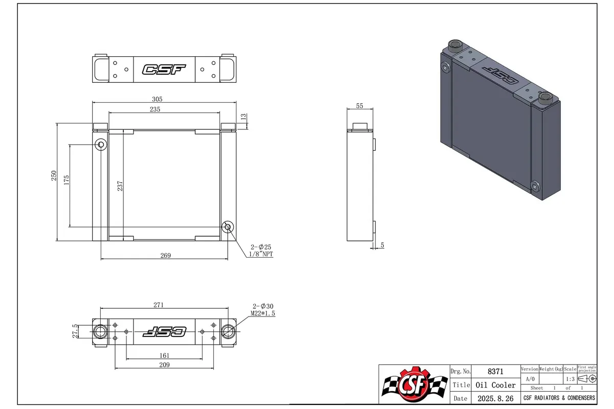 CSF Radiators Univeral Single-Pass Oil Cooler - M22 x 1.5 connections 2 NPT Ports - 8371 product image