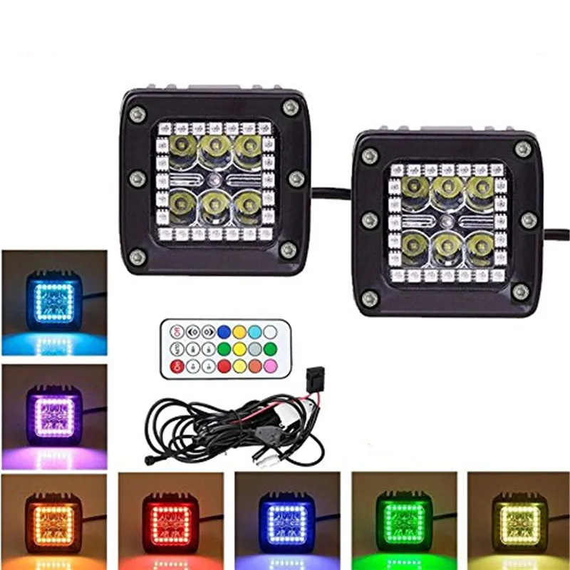 "3"" 18W Square LED Pods Work Light Bars with RGB Halo for Off-road Truck" product image