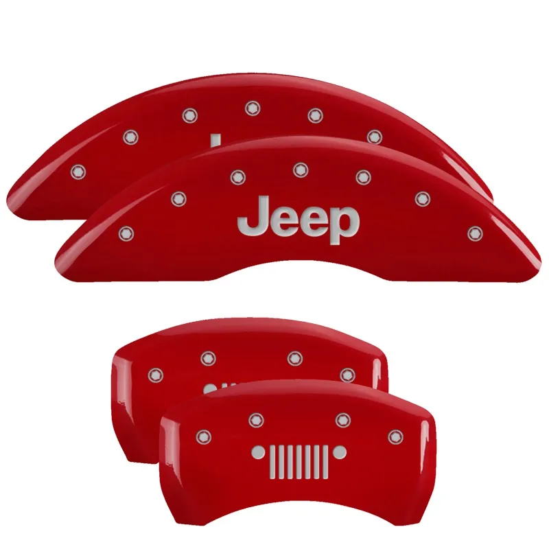 Set Of 4 Caliper Covers Engraved Front Jeep Engraved Rear Jeep Grill Logo Red Finish Silver Characters 2014-2023 Jeep Cherokee 17 inches product image