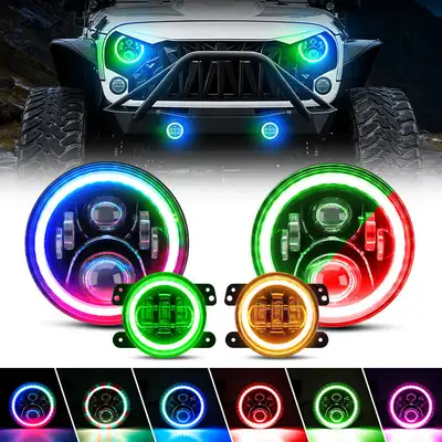 LED Factory Mart ã€Magic RGB Haloã€‘Jeep Wrangler JK LED Headlights & Fog Lights Kit w/ Amber Turn Signal (2007-2018)