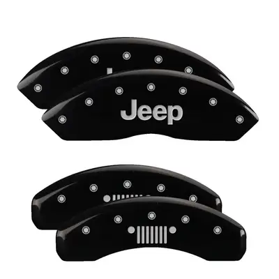 MGP Caliper Covers Set Of 4 Caliper Covers Engraved Front Jeep Engraved Rear Jeep Grill Logo Black Finish Silver Characters 2018-2024 Jeep Wrangler JL BRY brake code MGP Caliper Covers
