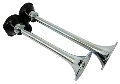 Kleinn Automotive Accessories Roof Mount Dual Horn; 13.5 in. / 11.25 in. Trumpets; Chrome Plated Spun Copper; [Available While Supplies Last];