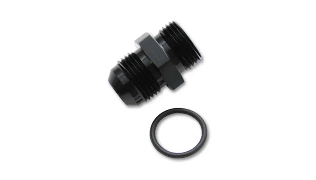 Male AN to Male ORB Straight Adapter Fitting; -20AN; -16AN ORB; 6061 Aluminum; Black Anodized; w/O-Ring; product image