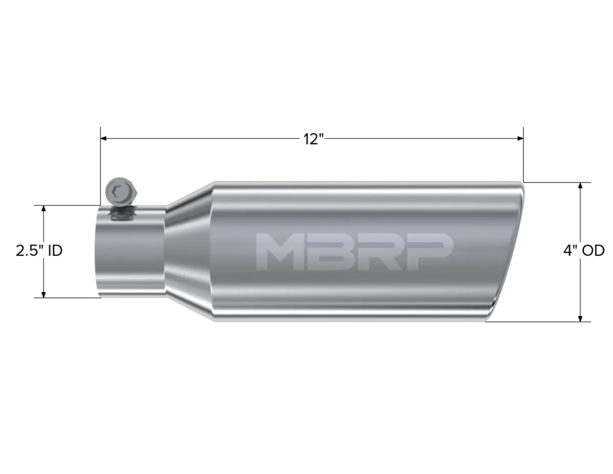 Armor Pro Exhaust Tip; 2.5 in. Inlet Diameter; 4 in. Outlet Diameter; 12 in. Length; Angled Cut Rolled End; T304 Stainless Steel; product image