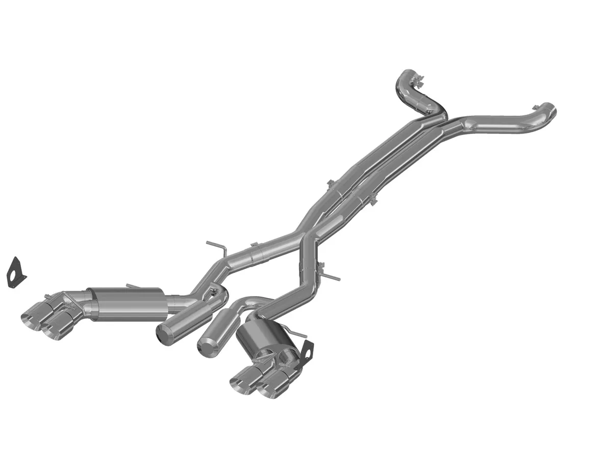 Armor Plus Cat Back Exhaust System; 3 in.; Incl. Front Pipes/X-Pipe/Extension Pipes/Hardware/Quad 4 in. OD Tips; Dual Split Rear Exit; Street Version; T409 Stainless Steel; product image