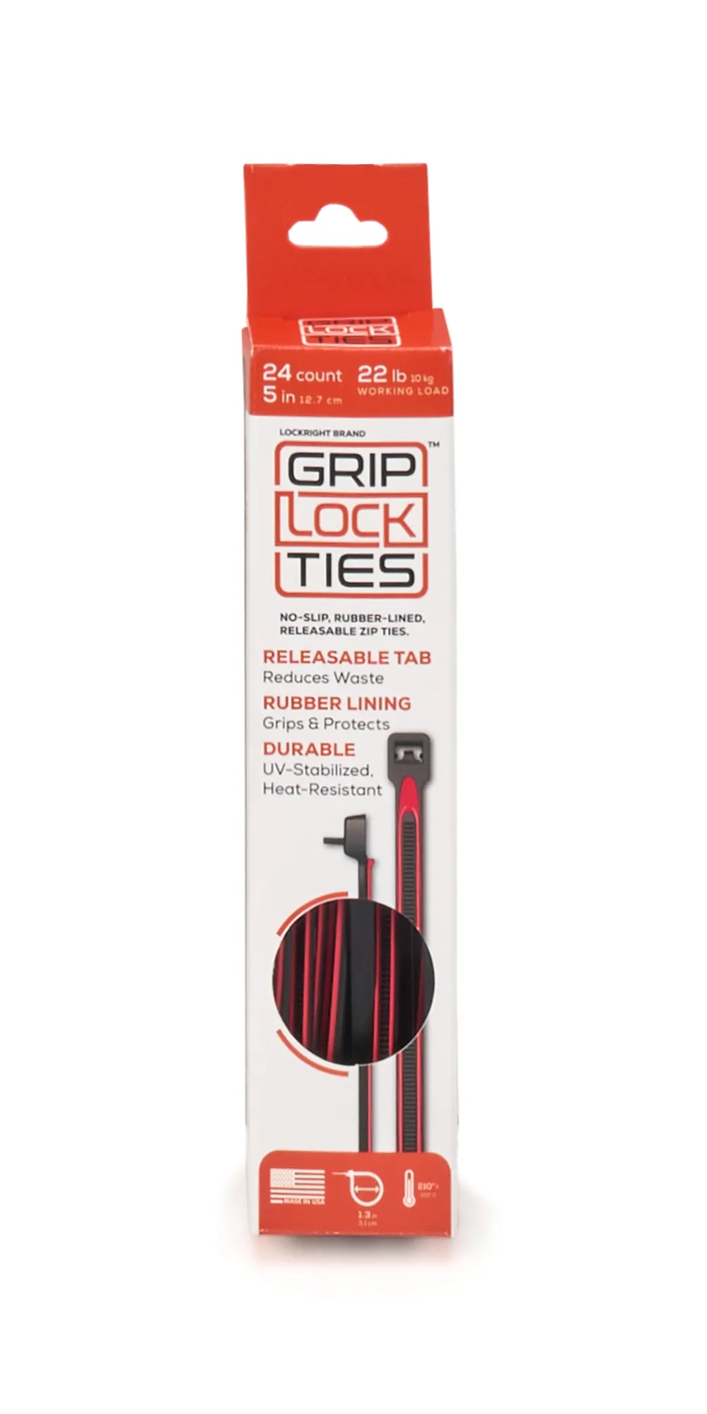 GripLockTies Zip Ties 5in Releasable Black / Red 24pk