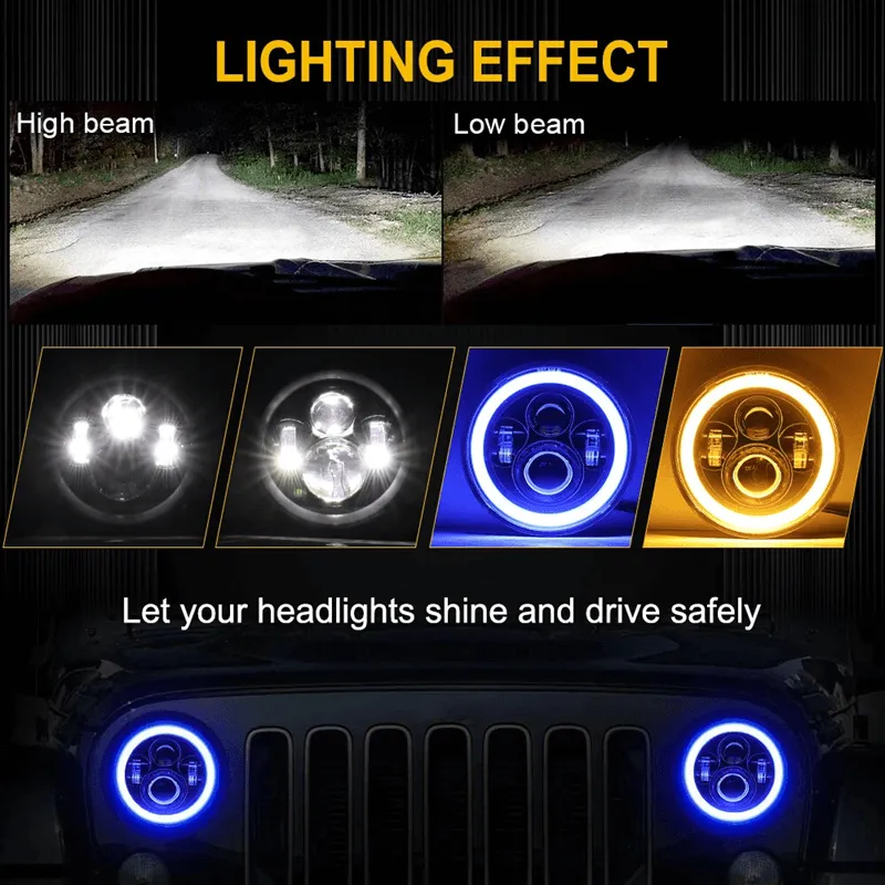 LED RGB Color Changing Halo Headlights with Amber Turn Signal + Fog Light Kit Combo For 2007-2018 Jeep Wrangler JK product image