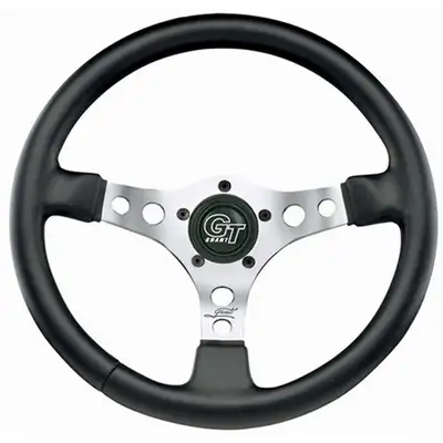 Grant Formula GT Steering Wheel; 14 in. Diameter; 3 1/2 in. Dish; Black Leather Grained Vinyl; Polished 3-Spoke Design;