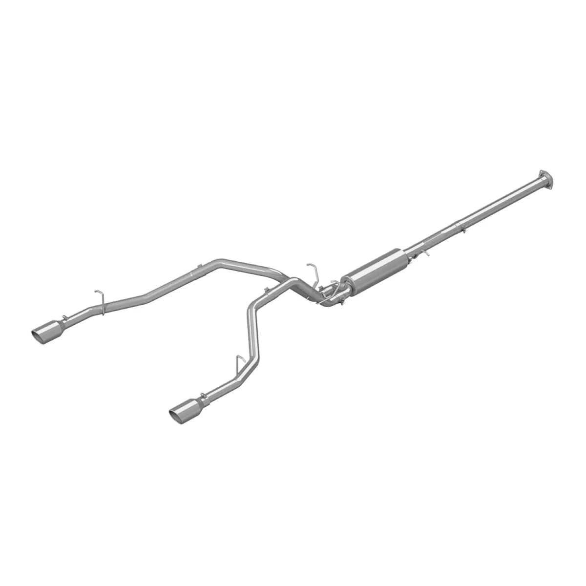 Armor Plus Cat Back Exhaust System; 2.5 in.; Incl. Front Pipe/Extension Pipe/Muffler/Over Axle Pipes/Tailpipes/Hardware/4.5 in. OD Tips; Dual Split Rear Exit; T409 Stainless Steel; product image