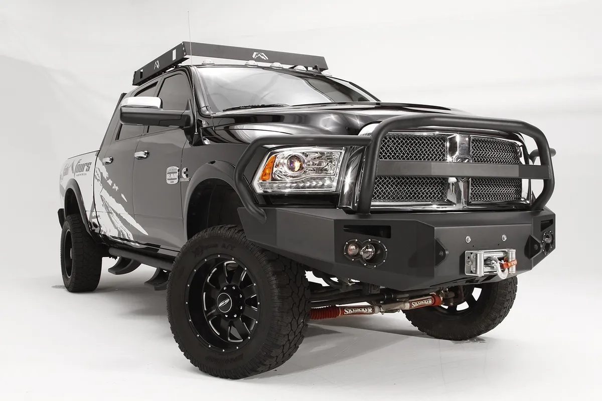 Premium Heavy Duty Winch Front Bumper; 2 Stage Black Powder Coated; w/Full Grill Guard; Incl. Winch Mt./1in. D-Ring Mt./Light Cut-Outs w/Fab Four 90mm Fog Lamps/60mm Turn Signals; product image