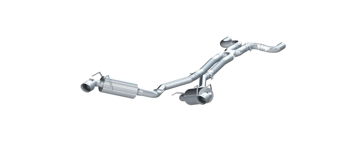Armor Pro Cat Back Exhaust System; 2.5 in.; Incl. Front Pipe/X-Pipe/Tailpipes/Mufflers/4 in. OD Round Tips; Dual Split Rear Exit; T304 Stainless Steel; product image