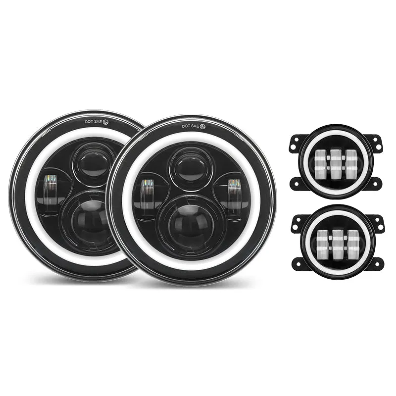7 inch 80W Jeep Headlights With DRL and Turn Signal Lights & 4'' 30W Cree LED Halo Fog Light product image
