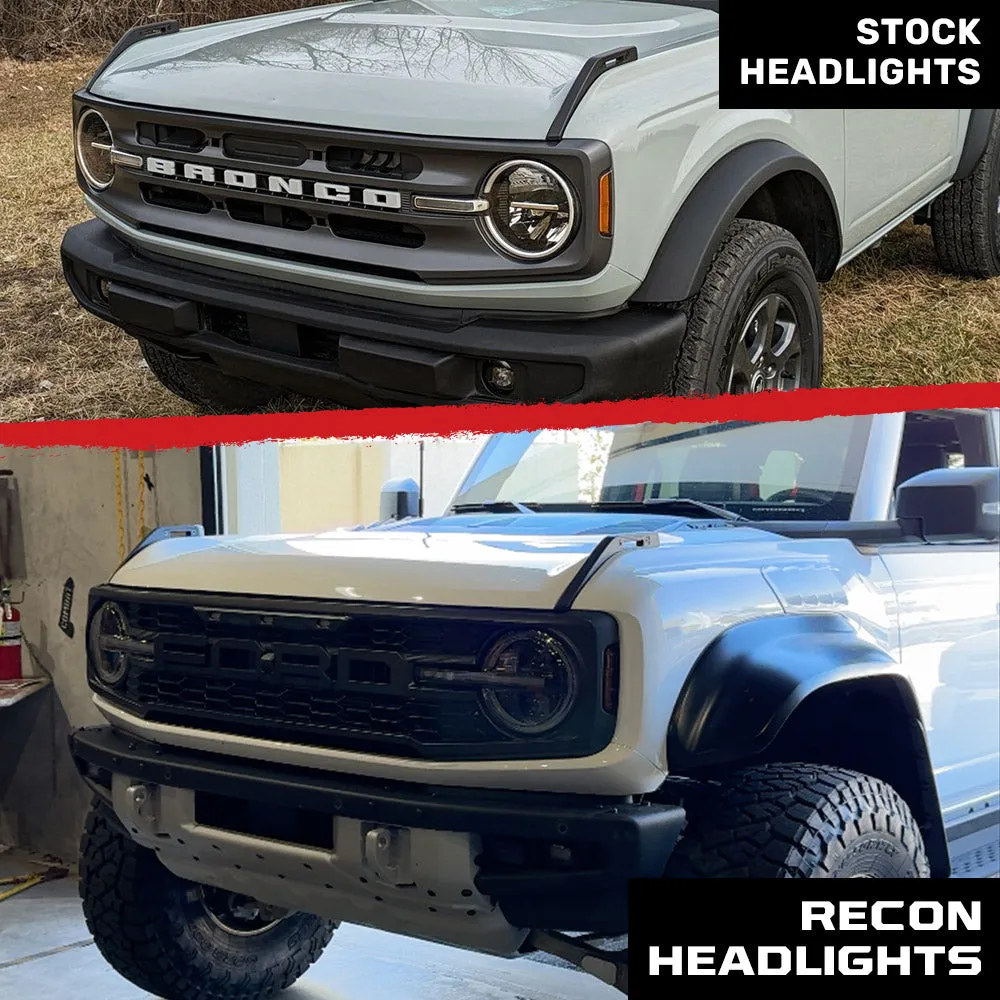 Recon Ford Bronco 21-24 LED Projector Headlights w Ultra High Power LED hi Low Beam White LED Scanning Turn Signals With Start-Up Lighting Sequence White LED Daytime Running Lights - Smoked / Black With White LED Turn Signals 264479bkwh product image