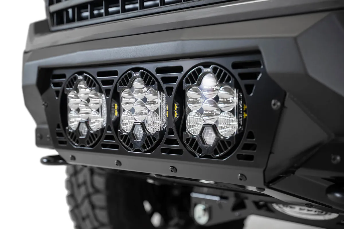 Ford F-150 Bomber Front Bumper with 3 Baja Designs LP6 Mounts and Dually Mounts on Sides in Hammer Black with Satin Black panels product image