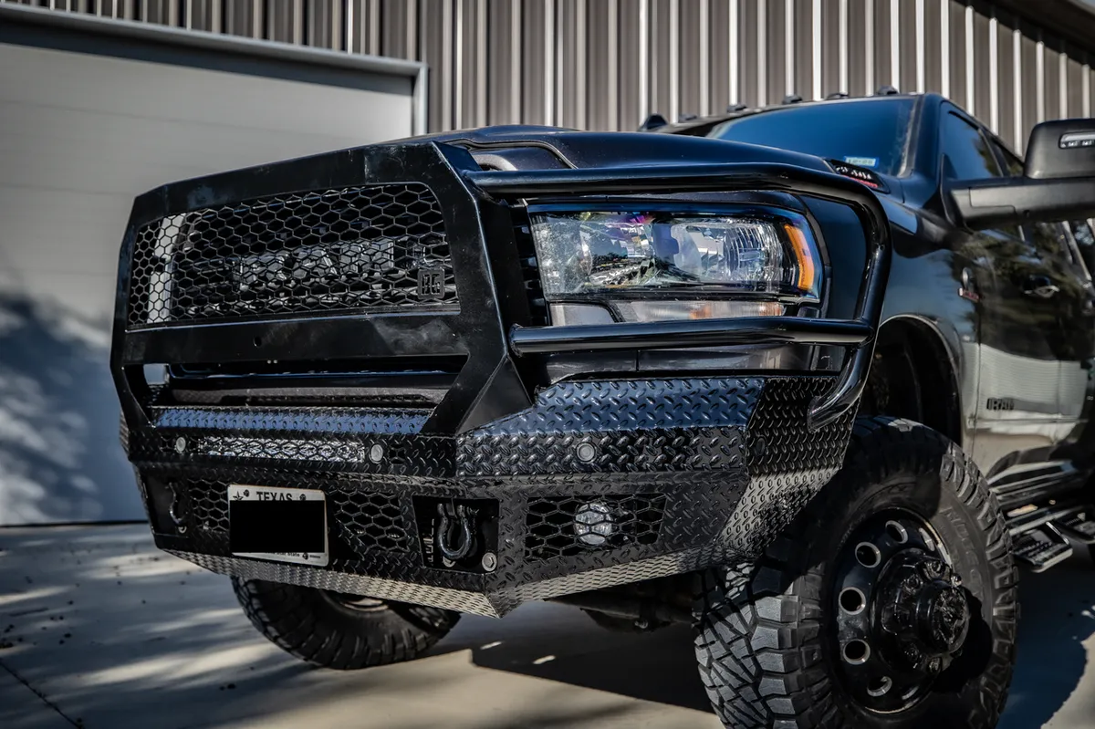 FT Front Bumper Extreme For 2019-2026 Ram 2500/3500 HD Sensor Cutouts Fog Cutouts Receiver With Mesh Grill With Camera Harness Texture Black Powdercoat Bodyguard Bumpers product image