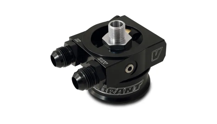 Thermostatic Oil Cooler Adapter; -10AN Inlet/Outlet ID; 6061 Billet Aluminum; Black Anodized; Sandwich Adapter Kit w/Spacer; product image