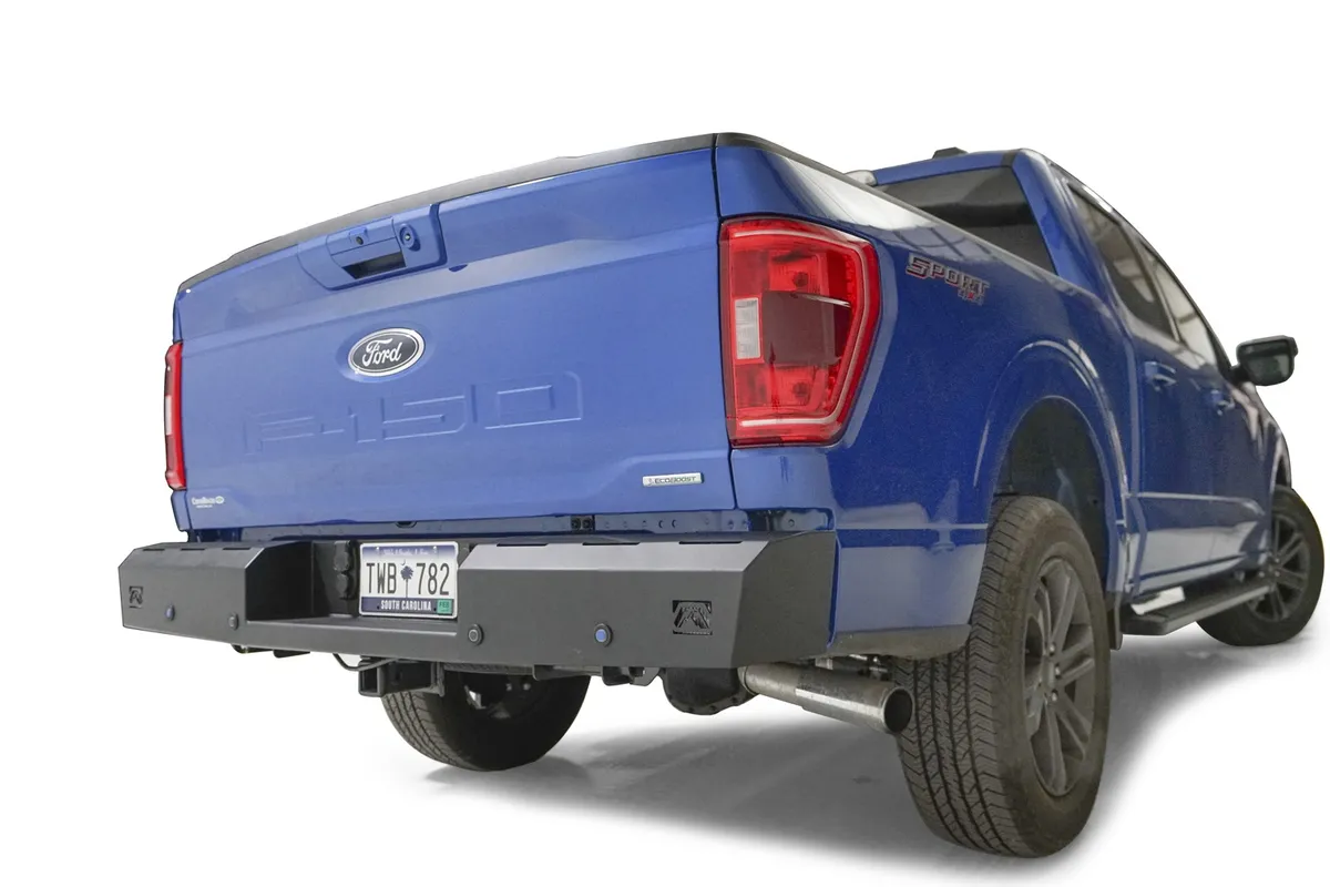Red Steel Rear Bumper; Logo Cut-Out; 11 Gauge Steel; Sensor Compatible; Black Powder Coat; 75 lbs. Weight; product image