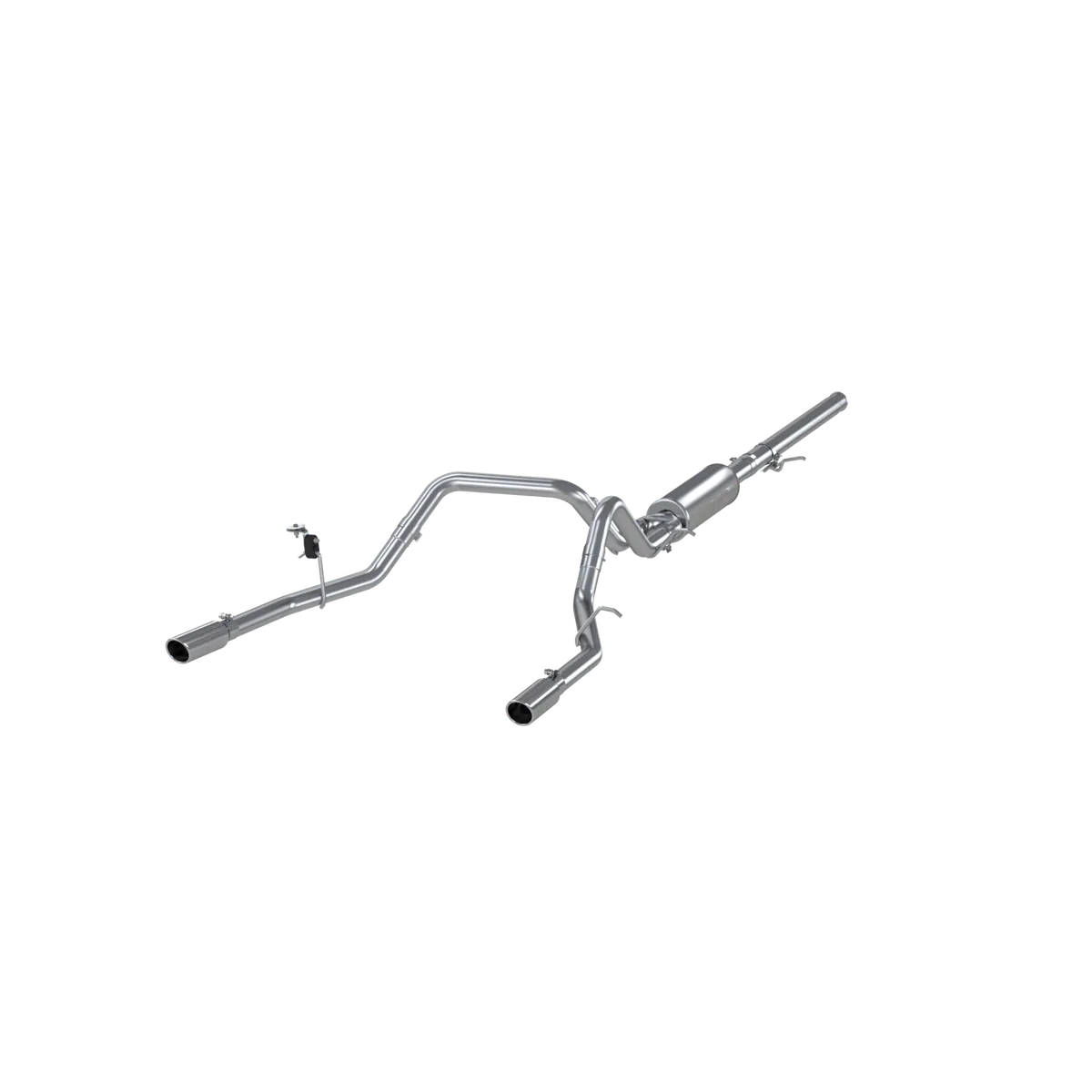 Armor Plus Cat Back Exhaust System; 3 in.; Incl. Ext. Pipe/Mid Pipe/Muffler/Over Axle Pipes/Tailpipes/Hardware/3.5 in. OD Tip; Dual Split Rear Exit; T409 Stainless Steel; product image
