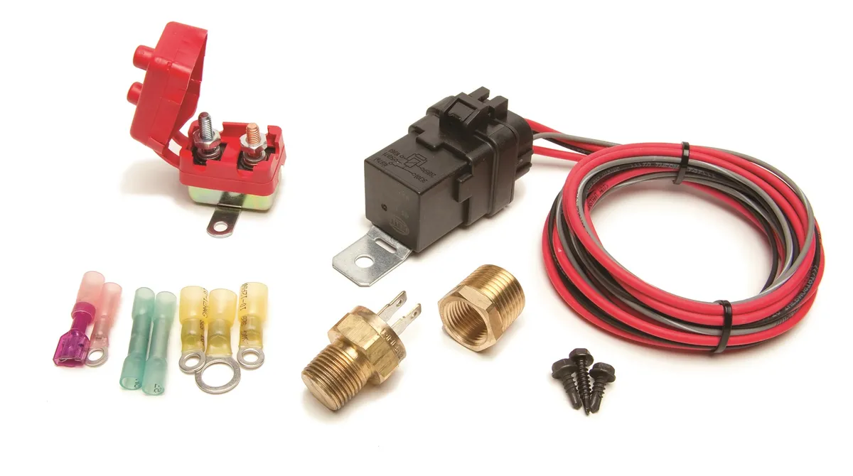 Weatherproof Fan Relay Kit; Thermostatic Switch 185 deg. On/175 deg. Off; Incl. Relay/Circuit Breaker/Adapter/Relay Base w/Harness/Heat-Shrinkable Crimp-On Terminals/Mntg. Hrdw; product image