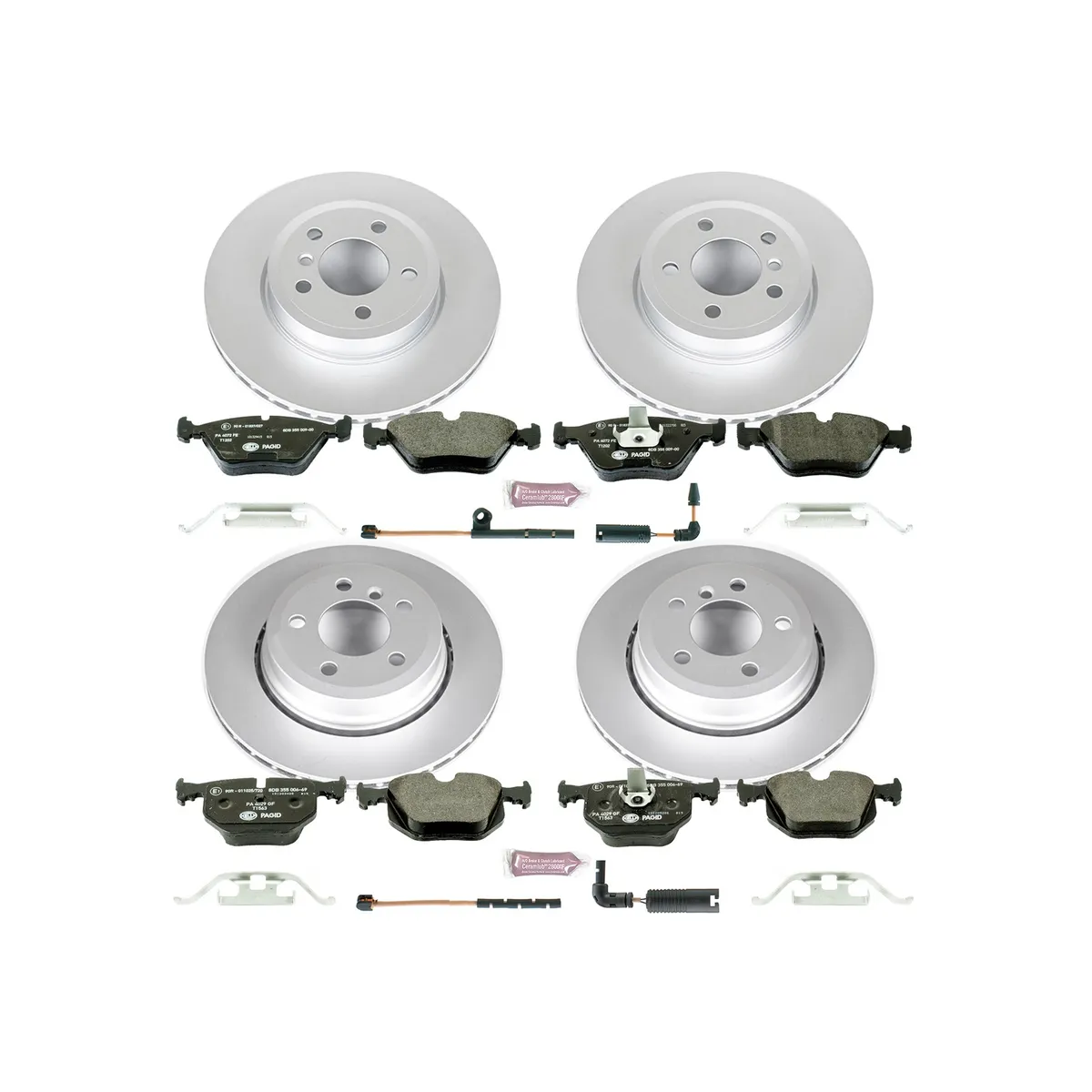 Euro-Stop Kit: Genuine Geomet Fully Coated Rotors; Ece-R90 Certified Pads W/Hardware; Pad Sensors product image
