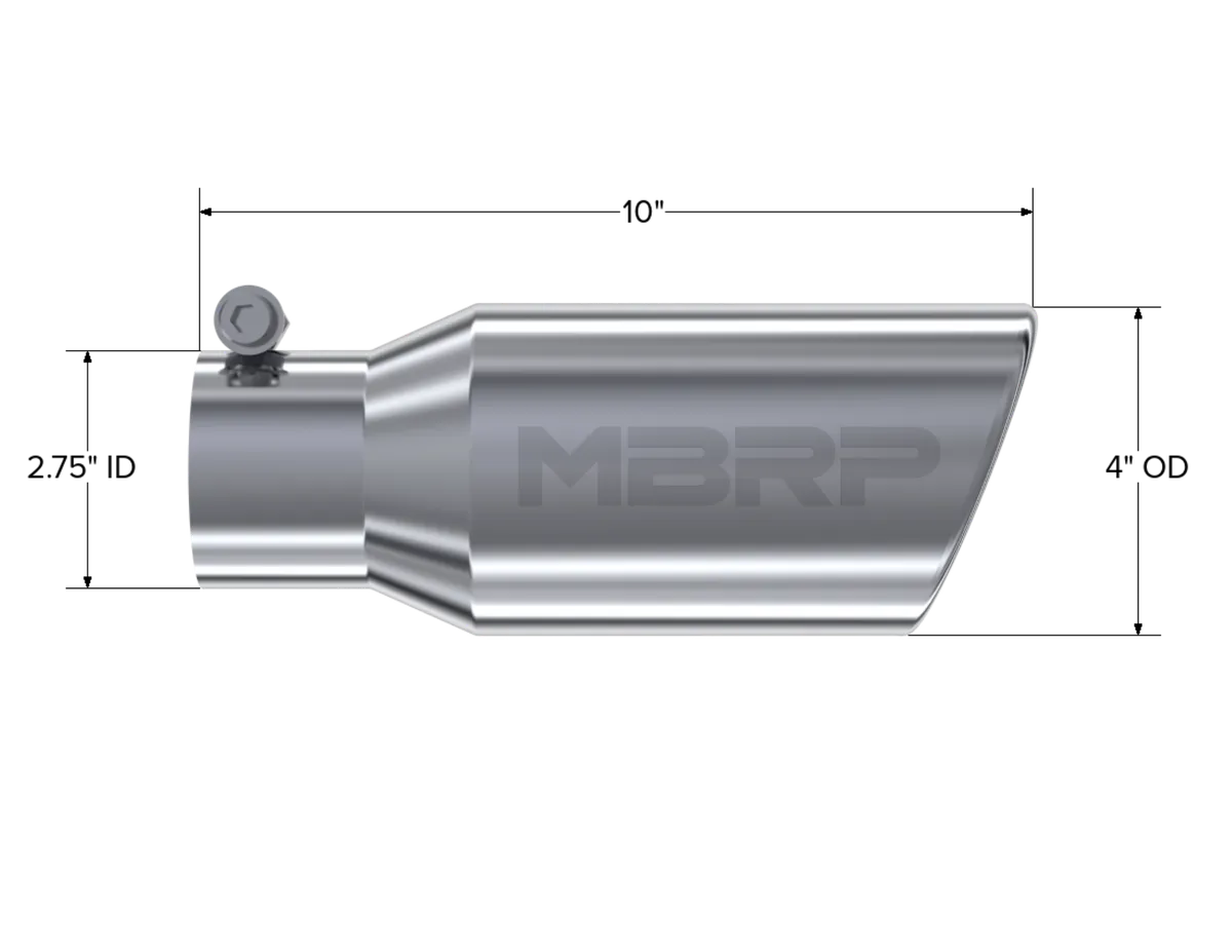 Armor Pro Exhaust Tip; 2.75 in. Inlet Diameter; 4 in. Outlet Diameter; 10 in. Length; Angled Rolled End; T304 Stainless Steel; Mirror Polished; product image