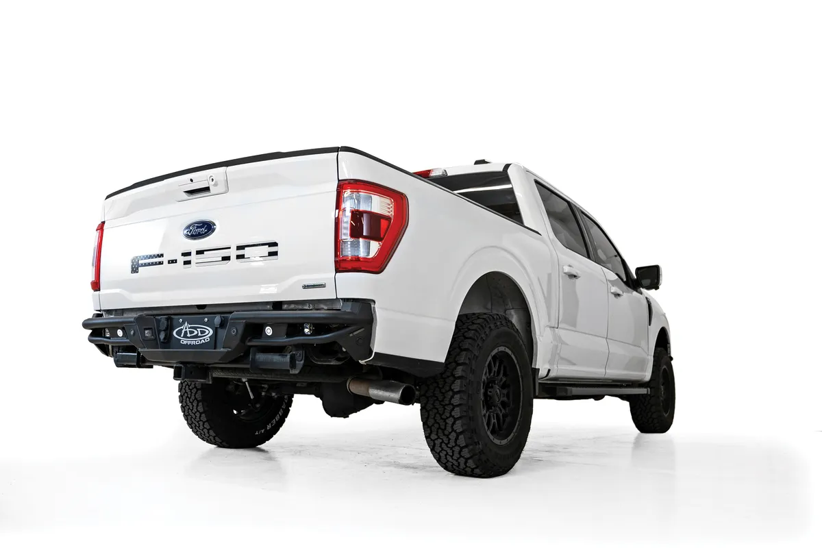 The ADD Pro Bolt-On Rear Bumper for the 2021 Ford F-150 was designed to match the same slim prerunner style of the front Pro Bolt-On Bumper. Constructed from .120-inch wall steel tubing it provides durable protection to the rear of your truck. The top p product image