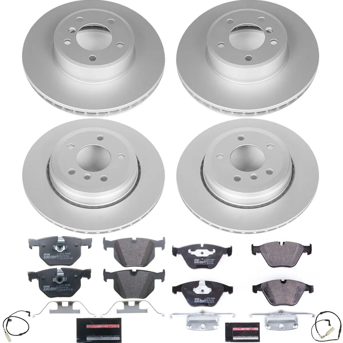 Euro-Stop Kit: Genuine Geomet Fully Coated Rotors; Ece-R90 Certified Pads W/Hardware; Pad Sensors product image