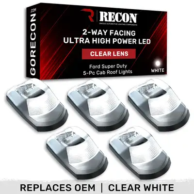 Recon Accessories Ford 17-22 Superduty 5-Piece Set Clear Cab Roof Light Lens With 2-Way Forward Rear Facing White Ultra High-Power Leds - Attn Plug-N-Play Replacement For OEM Factory Installed Cab Roof Lights