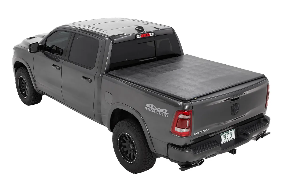 Soft Tri-Fold Tonneau Cover EZ-Fold For Ram 2019-2024 1500 5.7 Foot Black Tailgate Spoiler Not Included Bestop product image