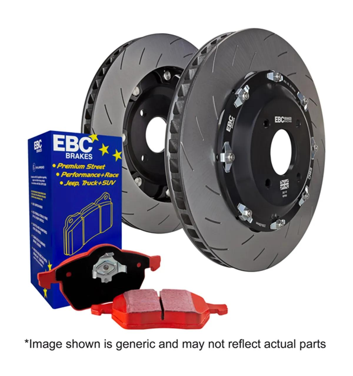 EBC Brake Pad Disc Rotor Kit; Set Of Redstuff 3000 Series Brake Pads/Pair Of 2-Piece Fully-Floating Brake Rotors; product image