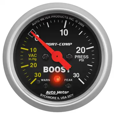 AutoMeter Gauge, Vac/Boost, 2 1/16", 30inHG-30psi, Stepper Motor w/Peak & Warn, Sport-Comp