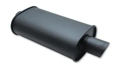 Vibrant Performance STREETPOWER Flat Black Oval Muffler; Single Angle Tip; 2.5 in. Inlet ID; 3 in. Tip OD; 5 in. H; 9 in. W; 4 in. Tip L; 15 in. Body L; 20 in. Overall L; Single Outlet;