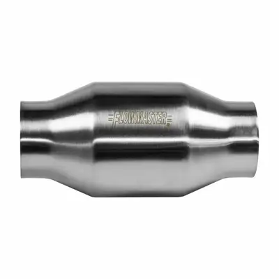 Flowmaster Catalytic Converter Universal-Fit 200 Series Metal High Flow OBDII 3.00in IN / 3.00in OUT: ea Round Body 14in Length 5in Dia 49-State Stainless Steel.