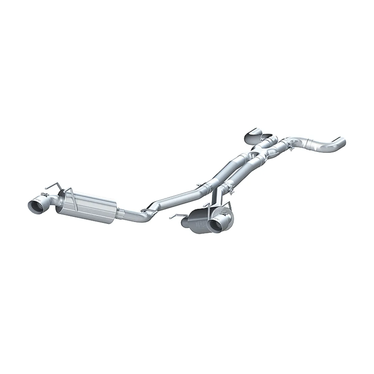 Armor Plus Cat Back Exhaust System; 2.5 in.; Incl. Front Pipe/X-Pipe/Tailpipes/Mufflers/4 in. OD Round Tips; Dual Split Rear Exit; T409 Stainless Steel; product image