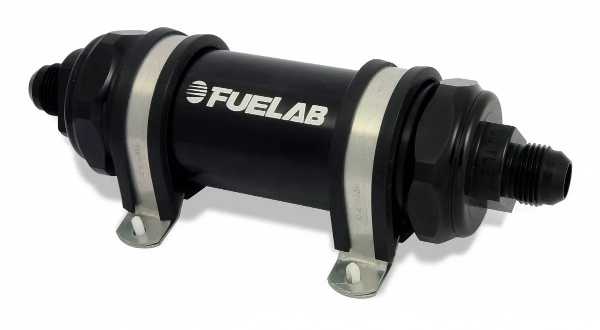 In-Line Fuel Filter Long Length -8AN Inlet/Outlet 40 Micron Stainless Steel Element Black FUELAB product image